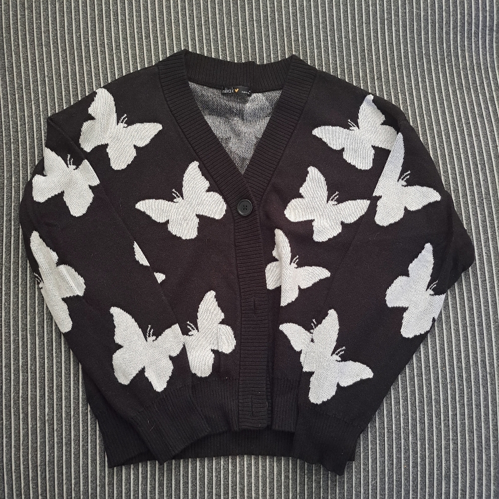 Nikkak girl cardigan black with butterflies, size M